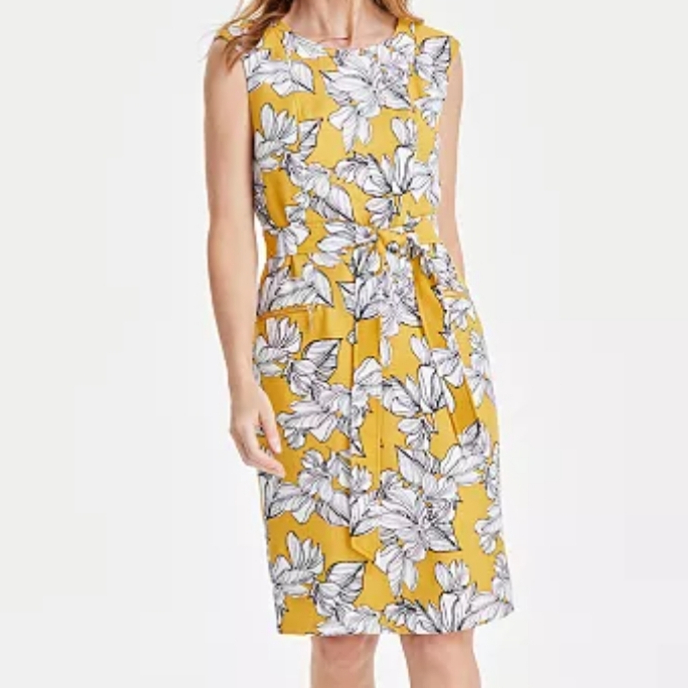 NWT Kasper 18 Gold Zipper Accented Pockets Yellow Floral Midi Dress